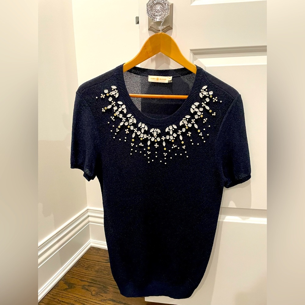 [Tory Burch] Pierce Embellished Gems Beads Sweater Knit Navy Blue -never worn